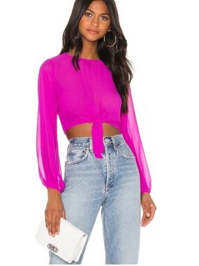 Superdown Sheer Top Women’s Large Jemma Tie Front Shirt Fuchsia Revolve T